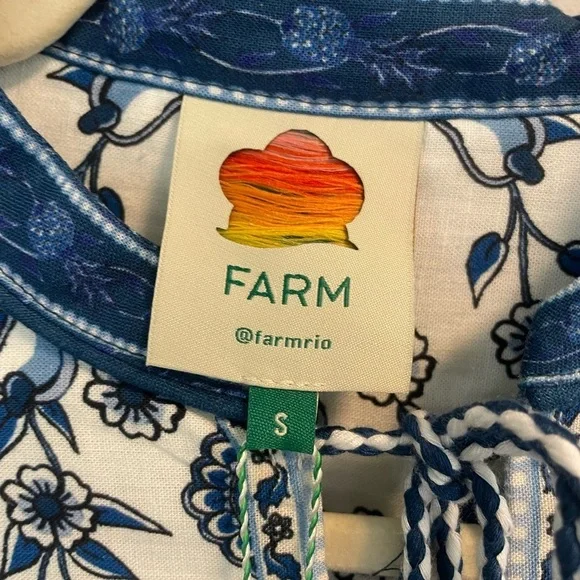 NWT Farm Rio Palm Tree Off White and blue balloon sleeve mini dress womens Small - Picture 5 of 6